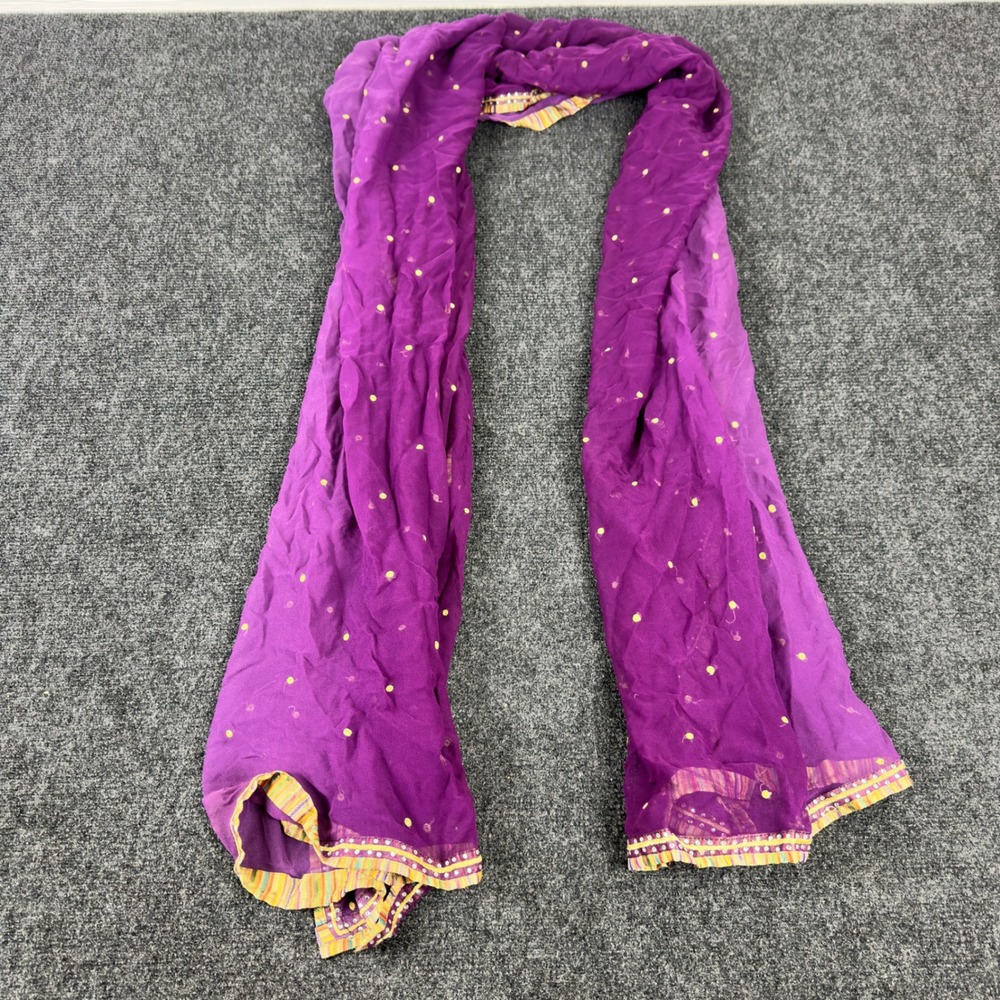 Purple Chiffon Dupatta Scarf Sequin Polka Dot Striped Border Ethnic Wrap